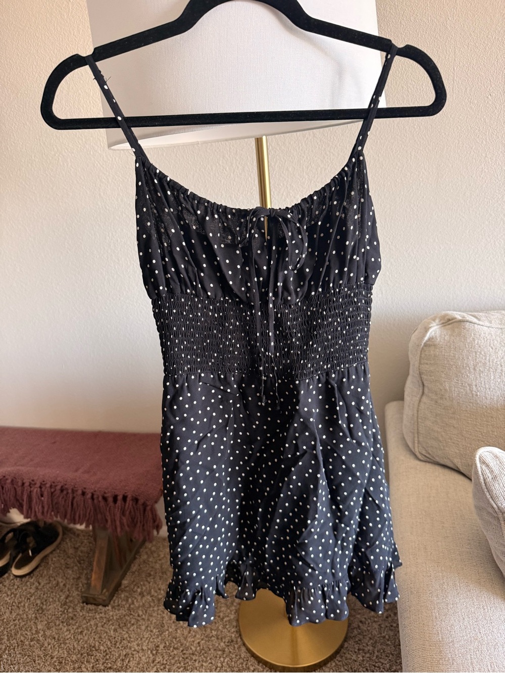 Reformation Women’s Black Polka Dot Smocked Mini Dress